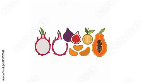 Exotic fruit assortment including dragon fruit figs oranges and papaya vector illustration isolated on white background