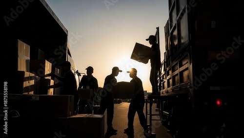 Housing moving checklist concept. Silhouettes of workers loading boxes at sunset in a shipping area.