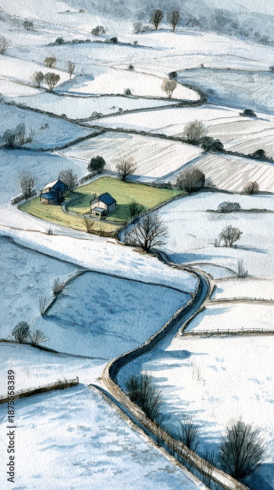 Fototapeta premium Serene Winter Landscape with Rolling Fields and Houses Captured in Snowy Blue Tones Under a Clear Sky