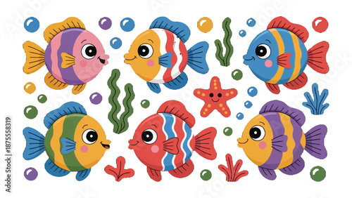 Underwater Fantasy: A collection of vibrant, cartoonish fish swim amongst bubbles and sea plants, evoking a sense of joy and underwater wonder.