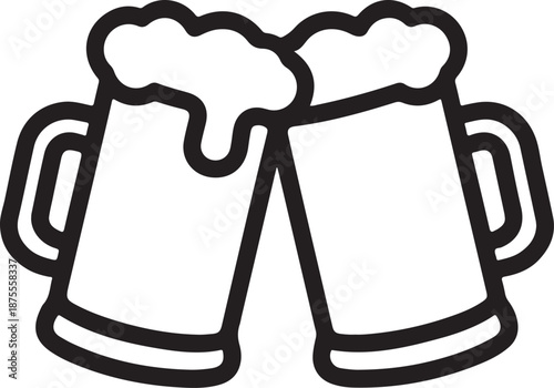 Two Beer Mugs Clinking with Foam Toasting Celebration Line Art Icon