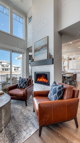 Cozy modern living room with leather armchairs, warm fireplace, and large windows offering bright, airy interior design with elegant contemporary styling