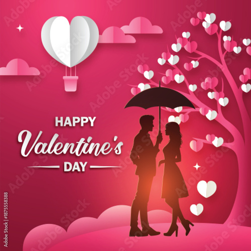 Happy Valentine's Day Paper Cut Background with Romantic Couple Silhouette Standing Under Umbrella Near Heart Tree