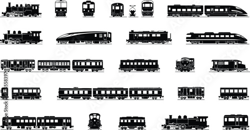 Train silhouettes collection featuring steam locomotives, passenger railcars, metro trains and modern high speed railway transport, isolated on white background