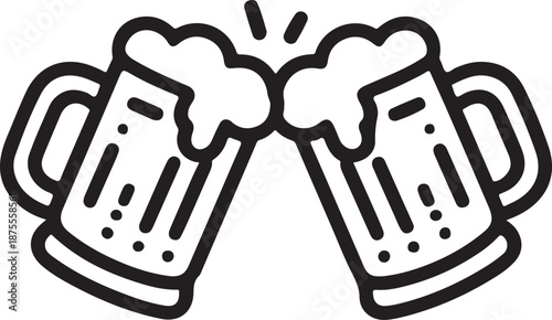 Clinking Beer Mugs Icon with Foam and Celebration Marks Black and White Line Art