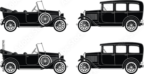 Vintage classic car illustration set with retro convertible and sedan automobiles in detailed side views, antique transportation vehicles isolated on white background for history and design concepts