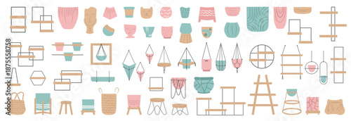 Hand drawn indoor house pots  and shelves decor collection.