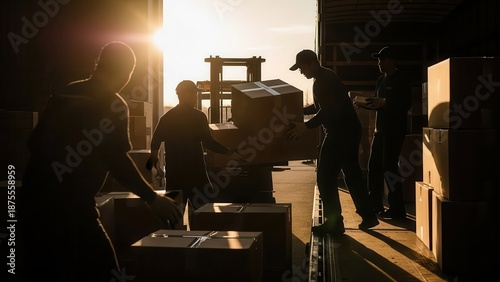 Housing moving checklist concept. Silhouettes of workers unloading boxes from a container at sunset.