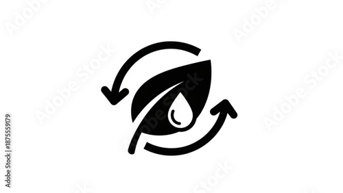 A minimalist vector graphic of a leaf with a water droplet and circular arrows