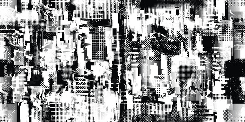 Glitch distorted grungy endless pattern . Cyber punk seamless pattern texture. Textured futuristic background . Glitched shapes with dots and lines .Screen print repeating pattern texture