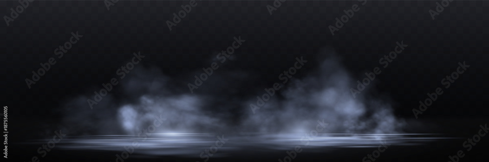 Fototapeta premium Realistic light blue smoke or haze, overlay effect on a dark background, magic fog, vapor on floor. Abstract vector illustration