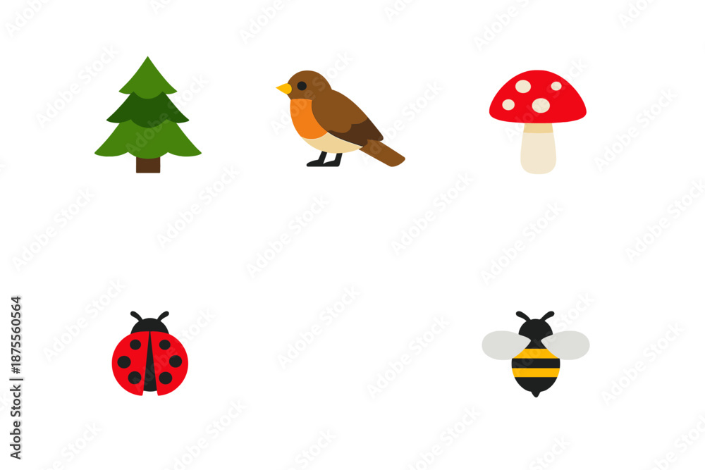 Fototapeta premium Cute cartoon nature icons: tree, bird, mushroom, ladybug, bee
