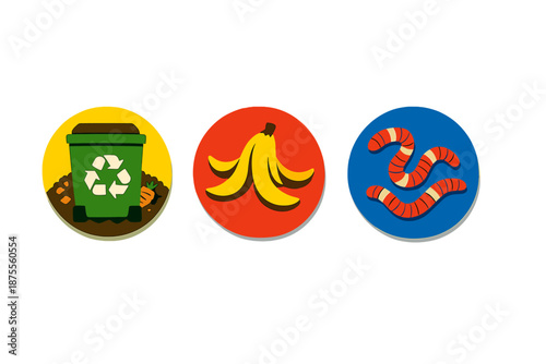 Composting icons: bin, banana peel, and worms