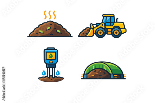 Agriculture icons: compost, tractor, soil meter, greenhouse