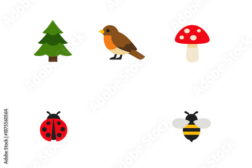 Cute cartoon nature icons: tree, bird, mushroom, ladybug, bee