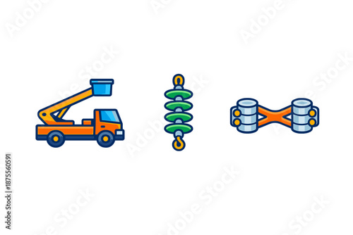 Industrial equipment icons: truck, insulator, and clamp