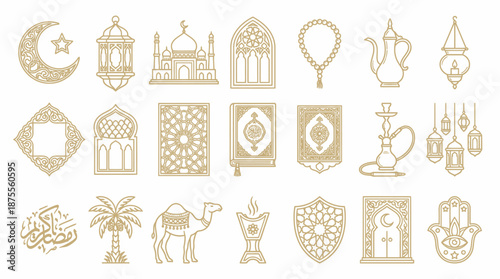 Islamic culture vector icons set with mosque, crescent moon, lantern, Quran, prayer beads, Ramadan, Eid, Arabic calligraphy, golden geometric star frames design