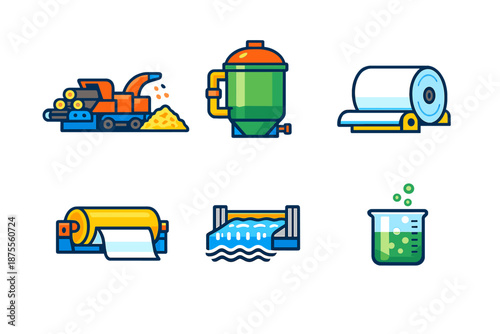 Industry icons set: wood chipper, filter, paper roll, water dam