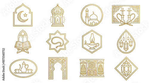 Islamic culture vector icons set with mosque, crescent moon, lantern, Quran, prayer beads, Ramadan, Eid, Arabic calligraphy, golden geometric star frames design