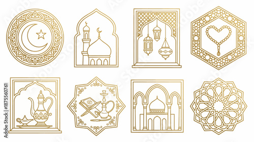 Golden Islamic vector icons collection with mosque, crescent moon, lanterns, Quran, prayer beads, teapot, mandala, geometric frames, Ramadan, Eid, Islamic architecture and culture design