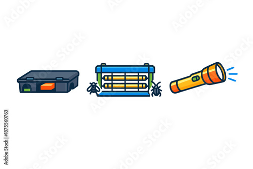 Pest control equipment: bait station, bug zapper, flashlight
