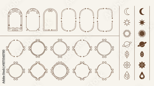 Celestial decorative vector frames and icons with crescent moons, suns, stars, planets, flowers, leaves, water droplets, Islamic-inspired geometric brown line art design