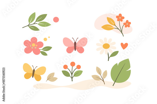 Cute Spring and Summer Icons with Flowers and Butterflies
