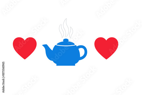 Blue Teapot with Steam Between Two Red Hearts