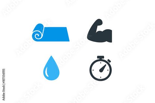Fitness icons: yoga mat, water drop, bicep, stopwatch