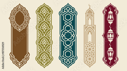 Islamic geometric vector motifs with pointed arches, Moorish-inspired symmetrical shapes, cultural architecture patterns, decorative frames, traditional design elements, colorful palette for art and d