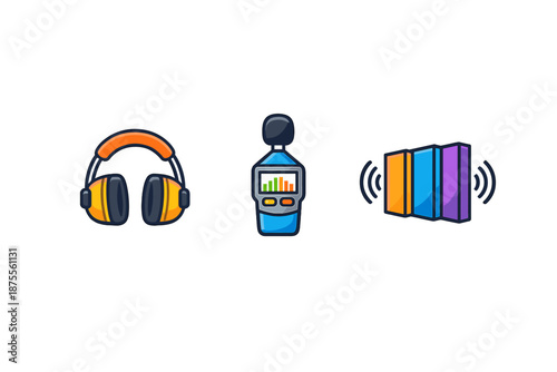 Audio icons: headphones, sound meter, sound waves