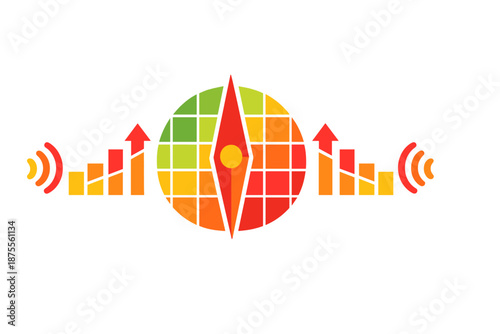 Abstract Compass Graphic with Bar Charts and Signal Icons
