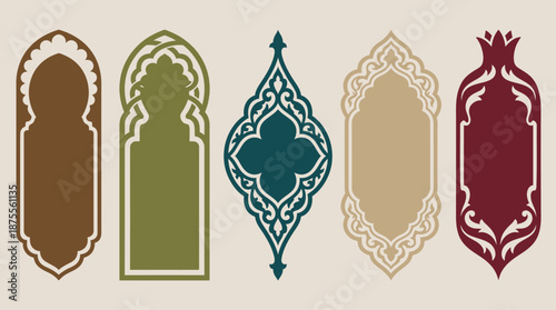 Islamic geometric vector motifs with pointed arches, Moorish-inspired symmetrical shapes, cultural architecture patterns, decorative frames, traditional design elements, colorful palette for art and d
