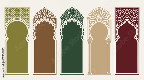 Islamic geometric vector motifs with pointed arches, Moorish-inspired symmetrical shapes, cultural architecture patterns, decorative frames, traditional design elements, colorful palette for art and d