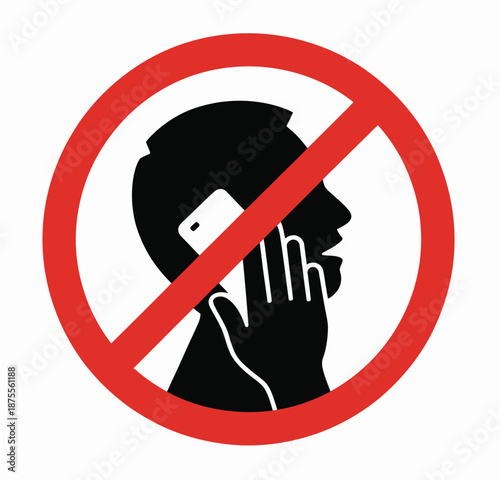 Quiet please no phone talking prohibition sign featuring crossed human silhouette talking on the phone, suitable for libraries, study areas, classrooms, offices, quiet zones, and vector illustration 