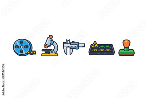 Collection of science and industry icons on a dark background