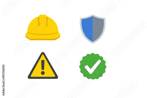 Set of four icons: hard hat, shield, warning sign, checkmark