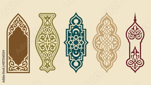 Islamic geometric vector motifs with pointed arches, Moorish-inspired symmetrical shapes, cultural architecture patterns, decorative frames, traditional design elements, colorful palette for art and d