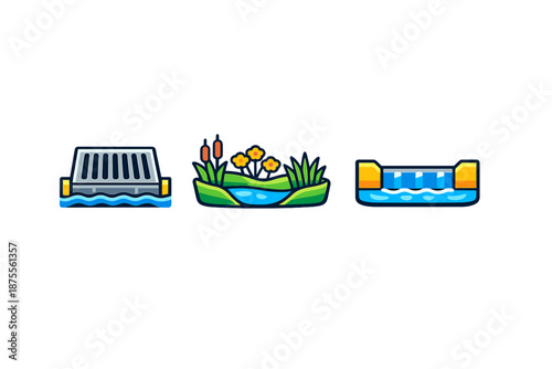 Water management icons: storm drain, pond, and waterfall