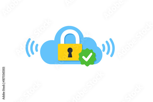 Cloud security lock with green checkmark and wifi signal