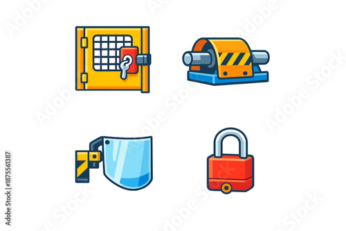 Set of 4 industrial icons: lock, safety shield, key, and machine