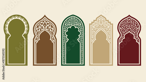 Islamic architectural vector arches with Moorish-inspired geometric motifs, cultural decorative frames, traditional pointed arch designs, colorful ornamental patterns for art, heritage, and design pro