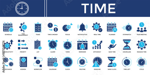 Time icon set collection. Containing efficiency, report, strategy, meeting, real, reminder, target .Solid vector icons collection