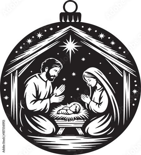 Mary and Joseph kneeling beside baby Jesus in a manger surrounded by stars and a shining bright star above inside a christmas bauble ornament.