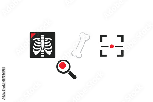 Medical icons: X-ray, bone, magnifying glass, crosshairs
