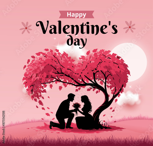 Happy Valentine's Day Paper Cut Background with Man Kneeling and Proposing to Woman Under Heart Shaped Tree
