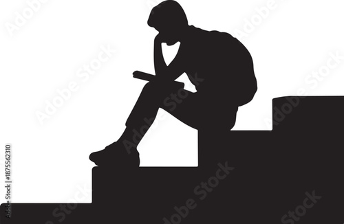 Silhouette of a person sitting on stairs with head down