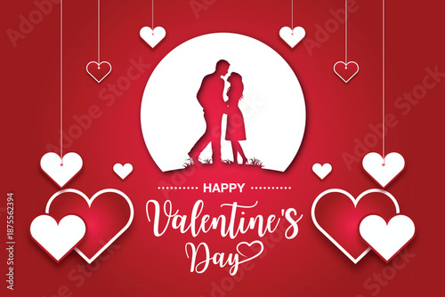 Happy Valentine's Day Paper Cut Background with Romantic Couple Silhouette in Moon Frame and Hanging Hearts Decoration