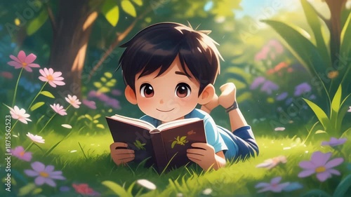 Child reading book in green garden