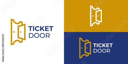 Creative simple ticket door logo template. Doorway with ticket coupon logo design vector illustration.